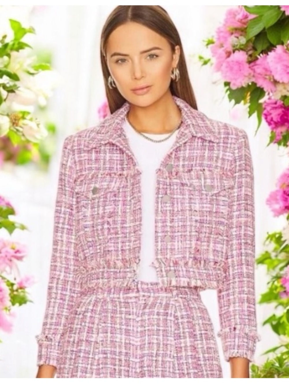 House of Harlow 1960 Plaid Tweed Fringe Crop Jacket Preppy Pink Small